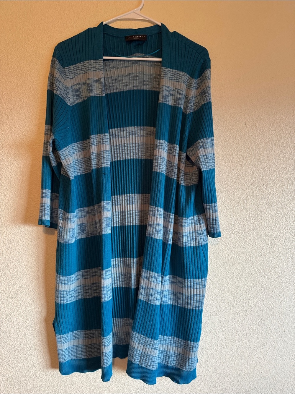 Lane Bryant Teal and Light Gray Striped Open Cardigan